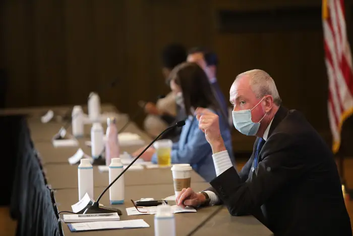 Governor Phil Murphy holds a meeting with senior staff and the cabinet to discuss pandemic response efforts on Friday, October 9, 2020.